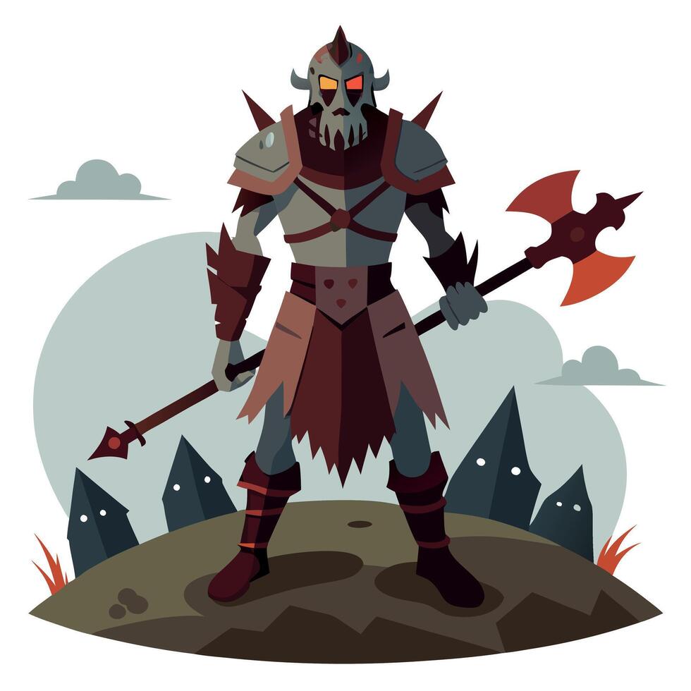 Zombie warriors in armor stand on a hill with axes and poleaxes ready for battle. 2d illustration vector