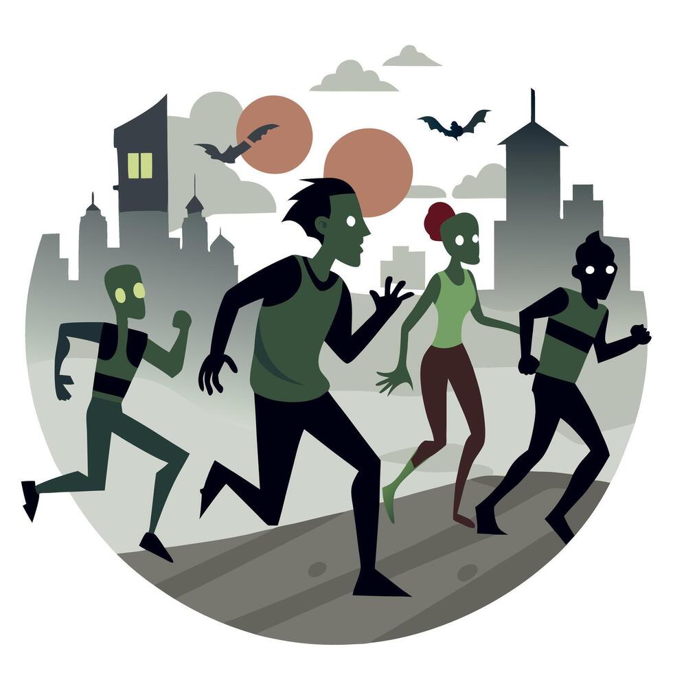 Zombies running in apocalyptic city scene vector