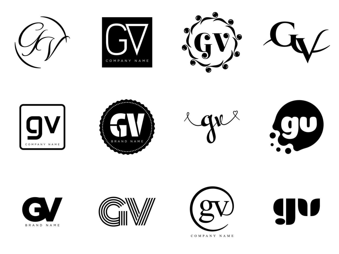 GV logo company template. Letter g and v logotype. Set different classic serif lettering and modern bold text with design elements. Initial font typography. vector