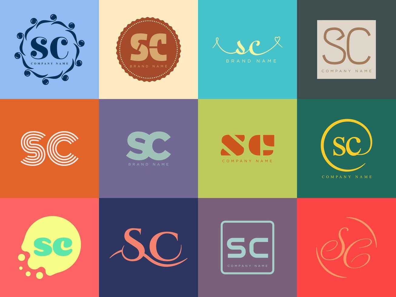 SC logo company template. Letter s and c logotype. Set different classic serif lettering and modern bold text with design elements. Initial font typography. vector