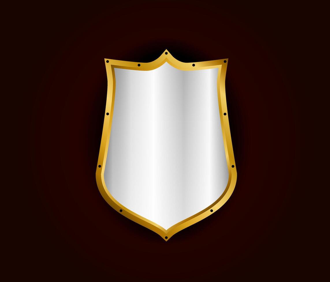 Metal realistic shield illustration. Silver with gold royal design. Security and safety symbol template vector