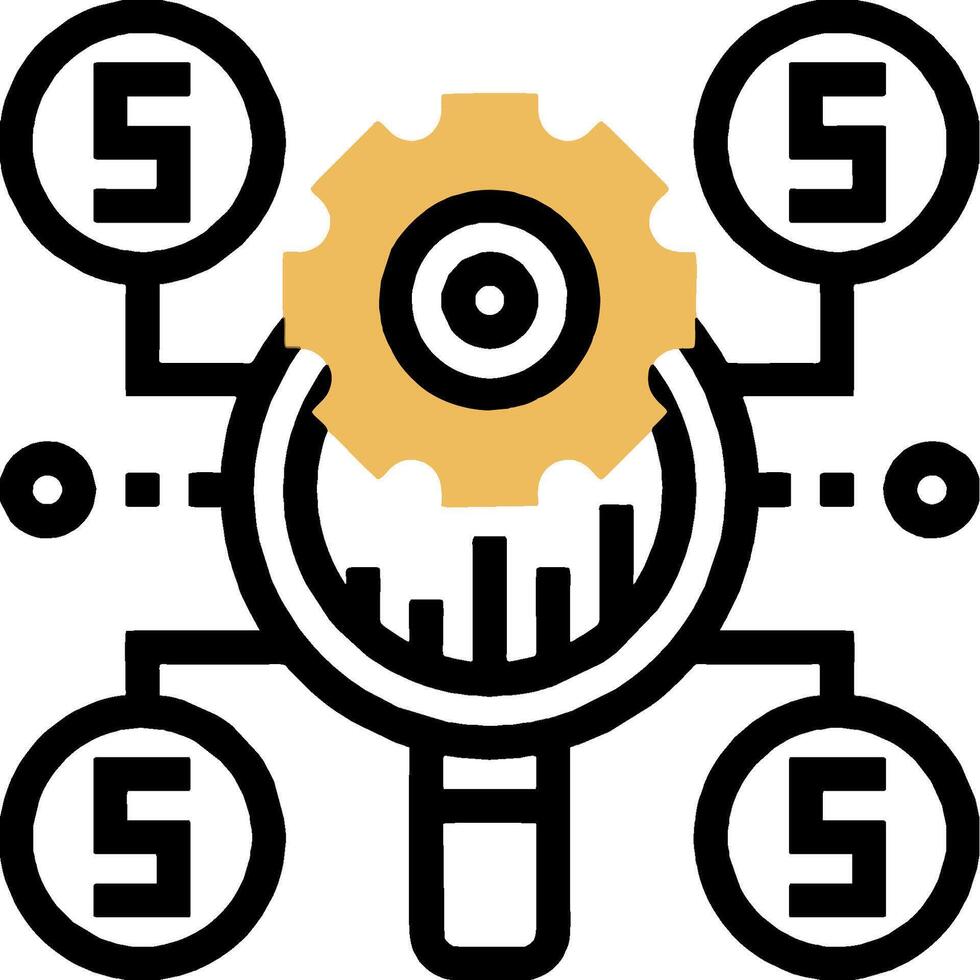 A logo with a magnifying glass and gears vector
