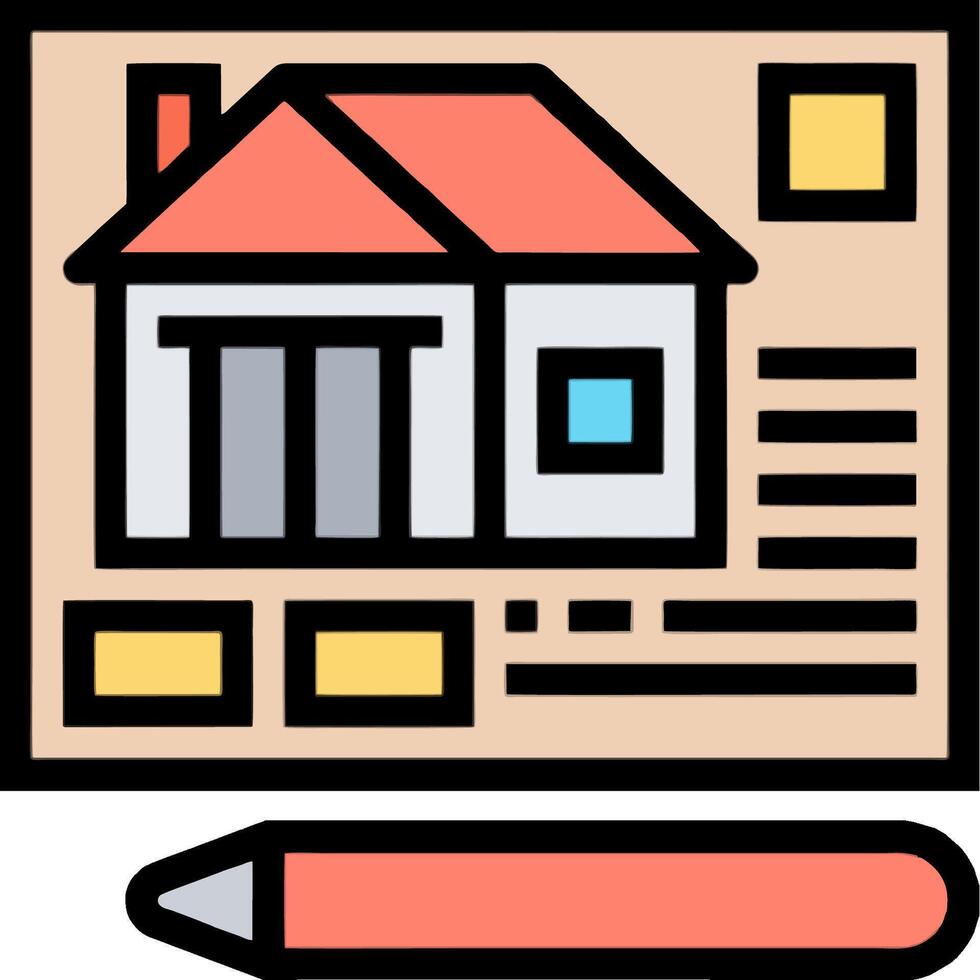 A house and a pencil are on a paper vector