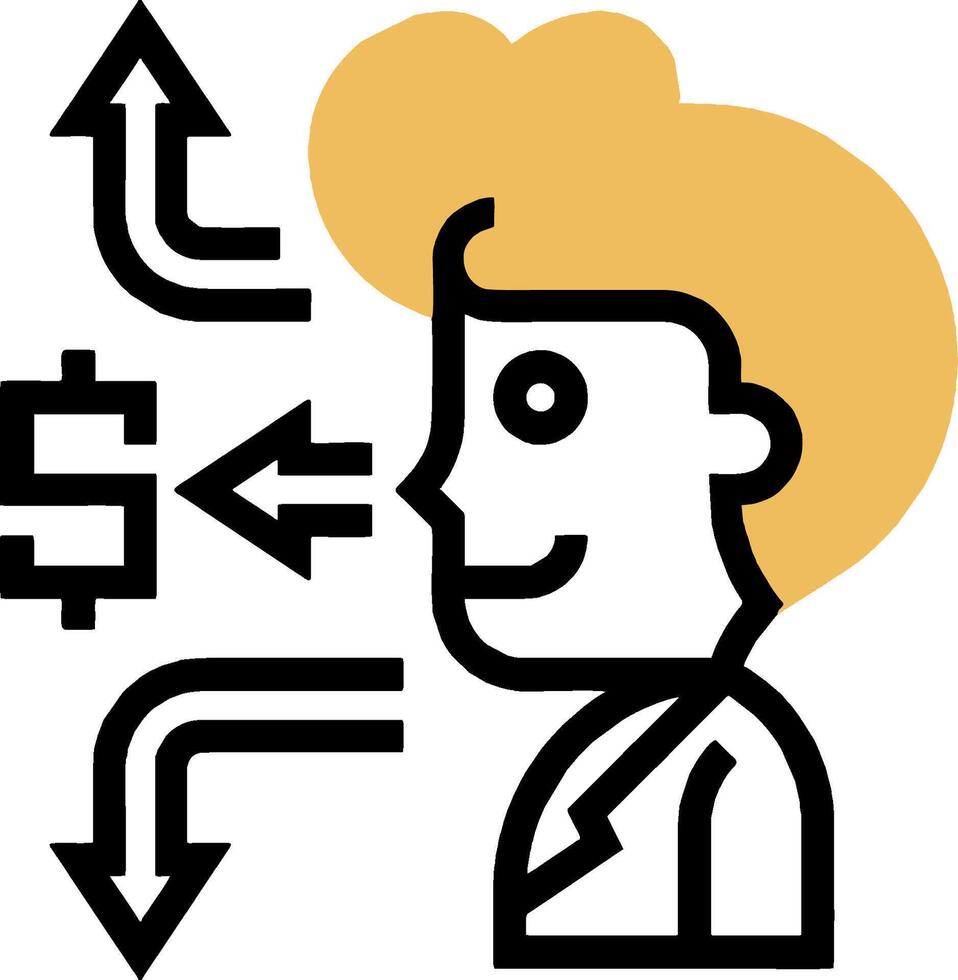 A man is looking at an arrow pointing to a dollar sign vector