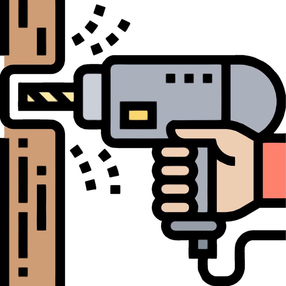 A hand holding a drill and screwing a wooden post vector