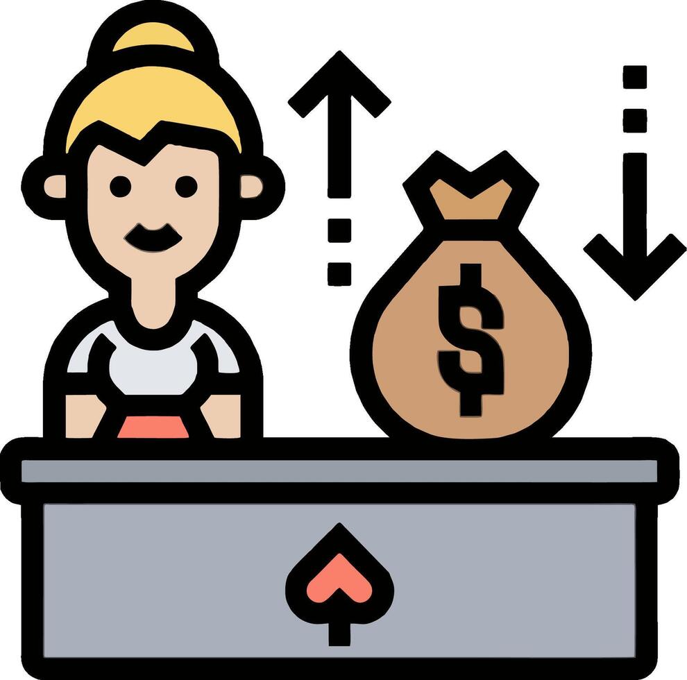 A woman is sitting at a desk with a bag of money vector