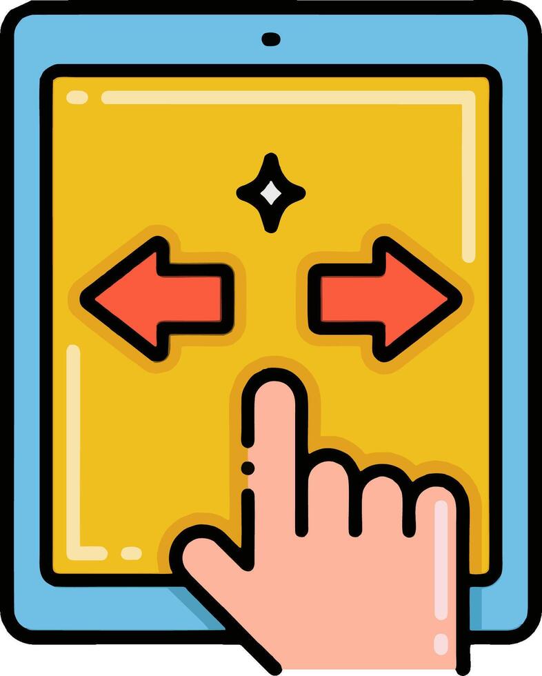 A hand pointing at a tablet with an arrow pointing to the right vector
