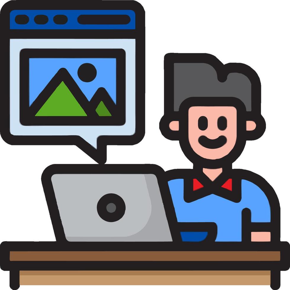 A man sitting at a desk with a laptop and a picture of a mountain vector
