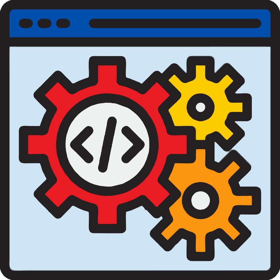 A computer screen with gears and a code symbol vector