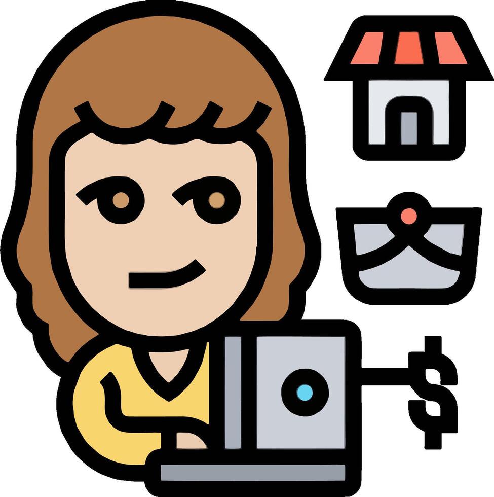 A woman is using a computer with icons of money and other items vector