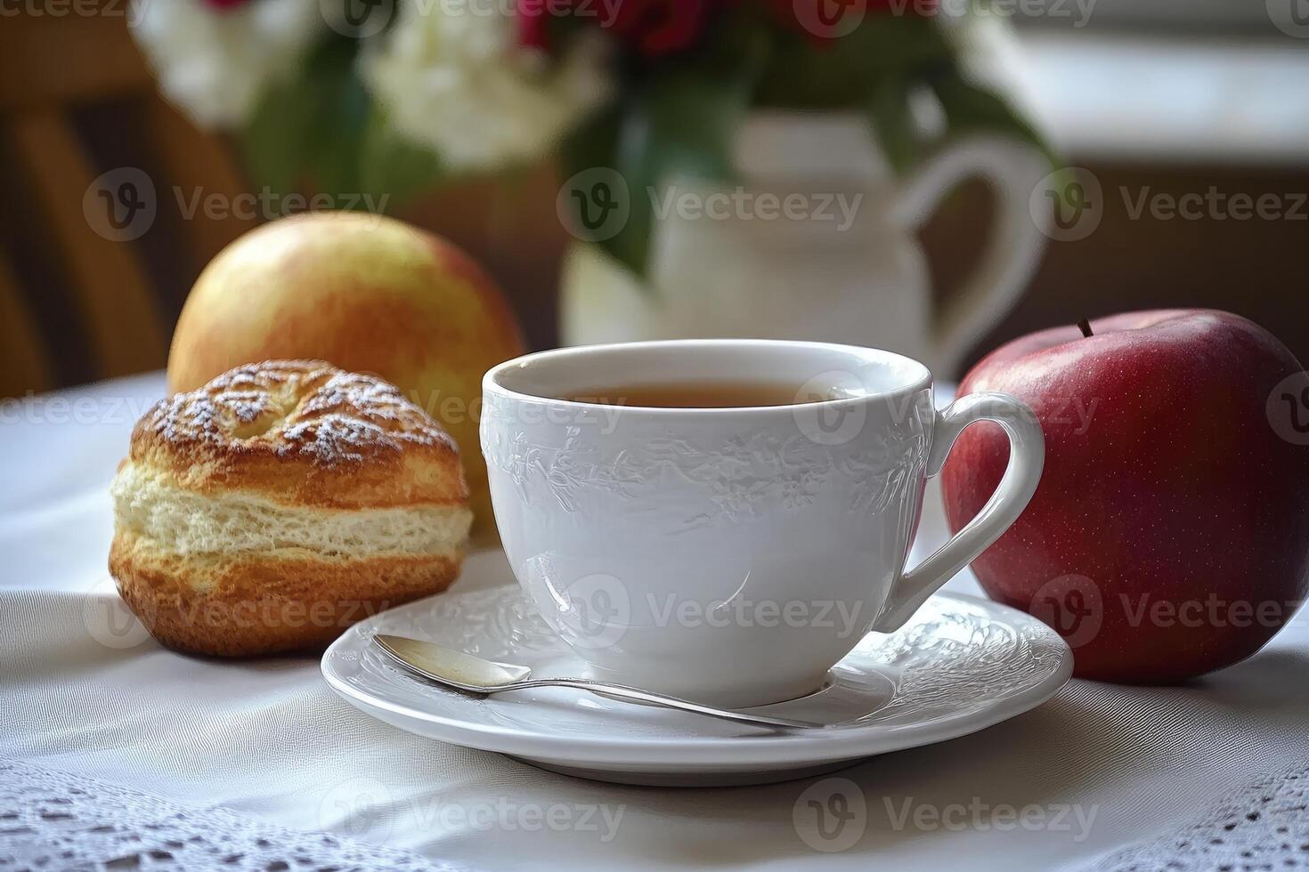 A cup of tea and a pastry on a table photo