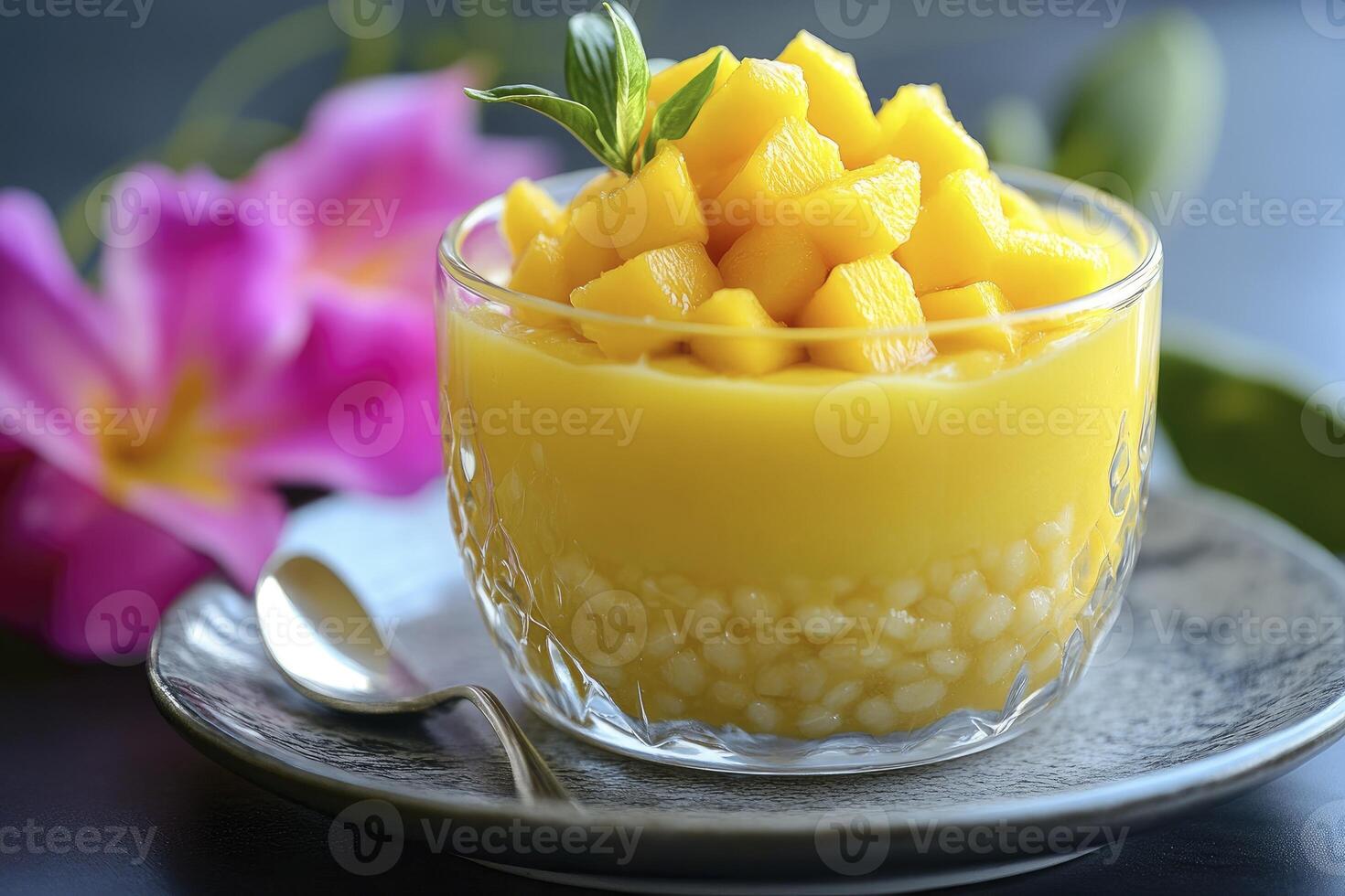 A glass of mango pudding on a plate photo