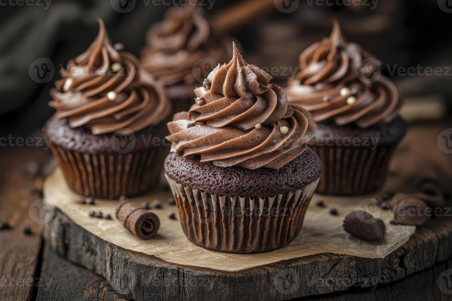 Chocolate cupcakes with frosting on a wooden table photo