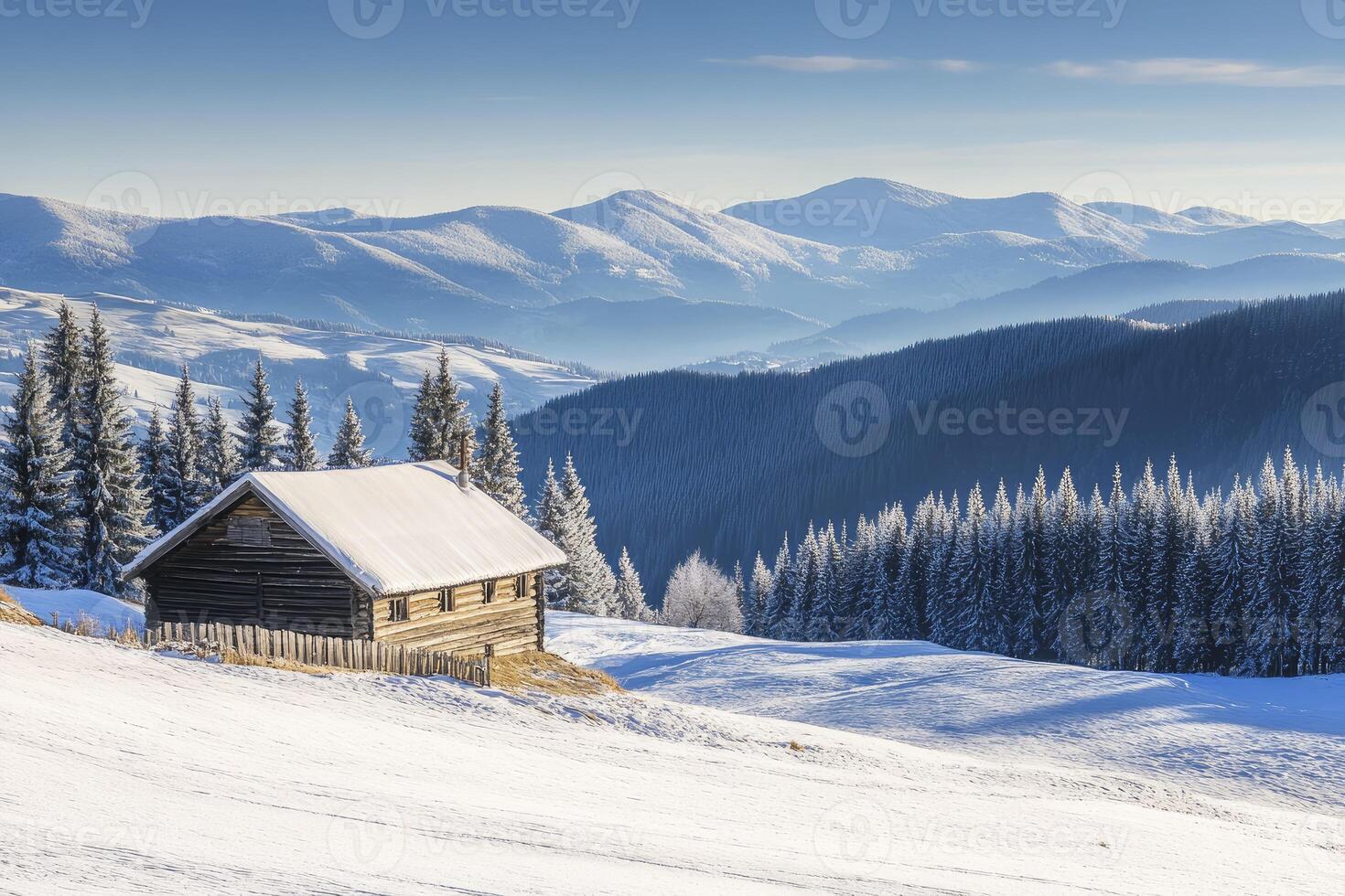 A cabin in the mountains with snow on the ground photo