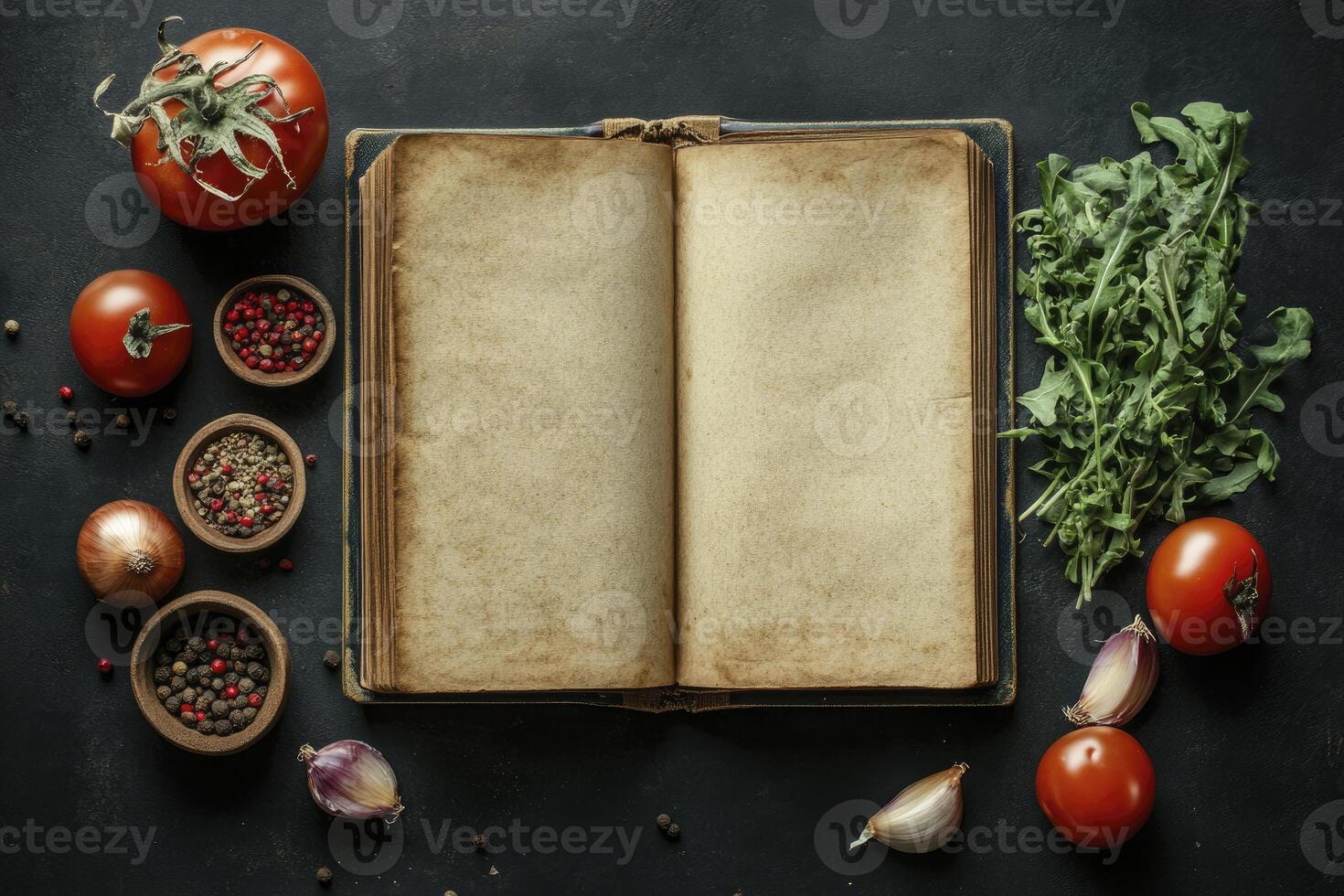 An open book with vegetables and spices around it photo