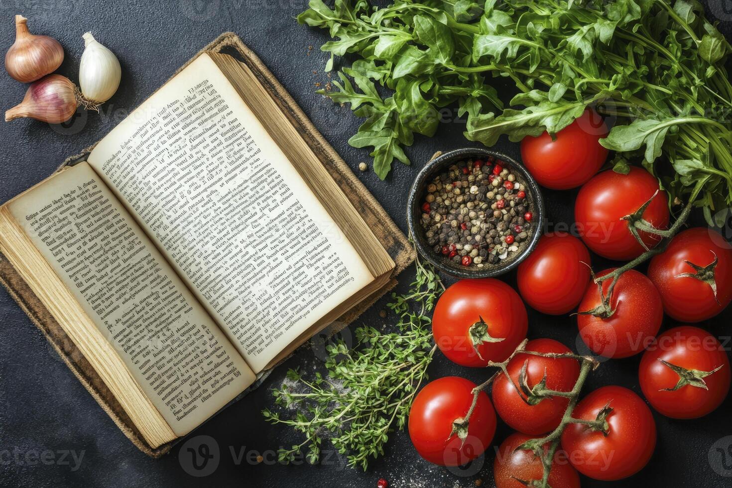 A book with tomatoes, herbs and garlic photo