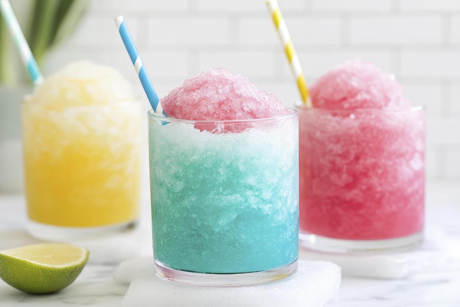 Three colorful drinks with straws and lime slices photo