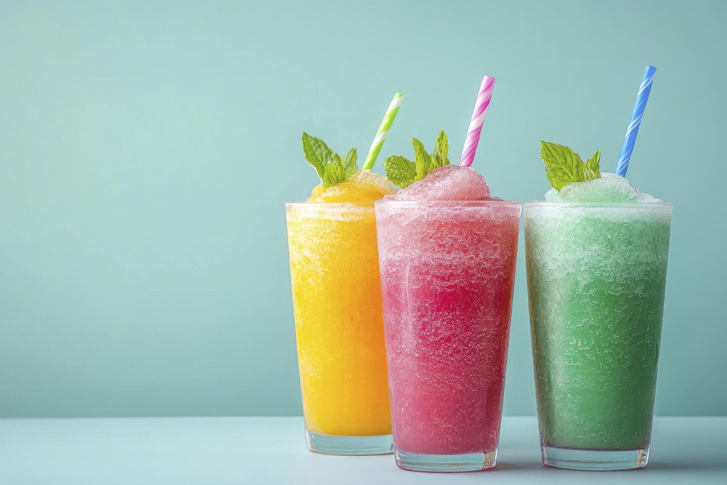 Three colorful drinks with straws on a blue background photo