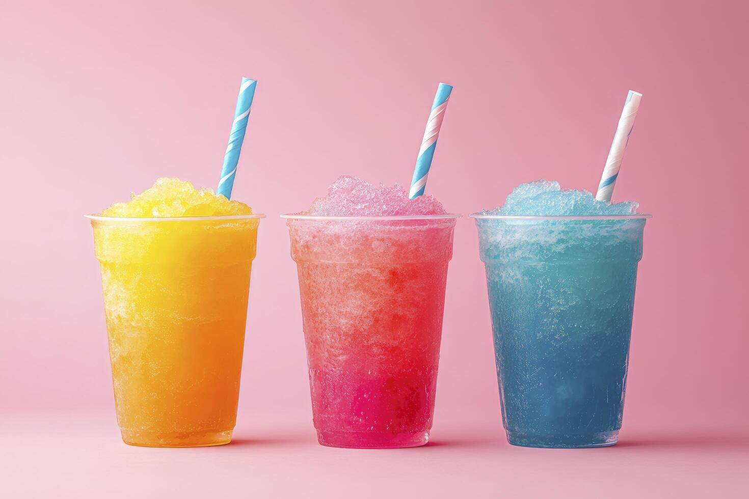 Three colorful drinks in plastic cups on a pink background photo