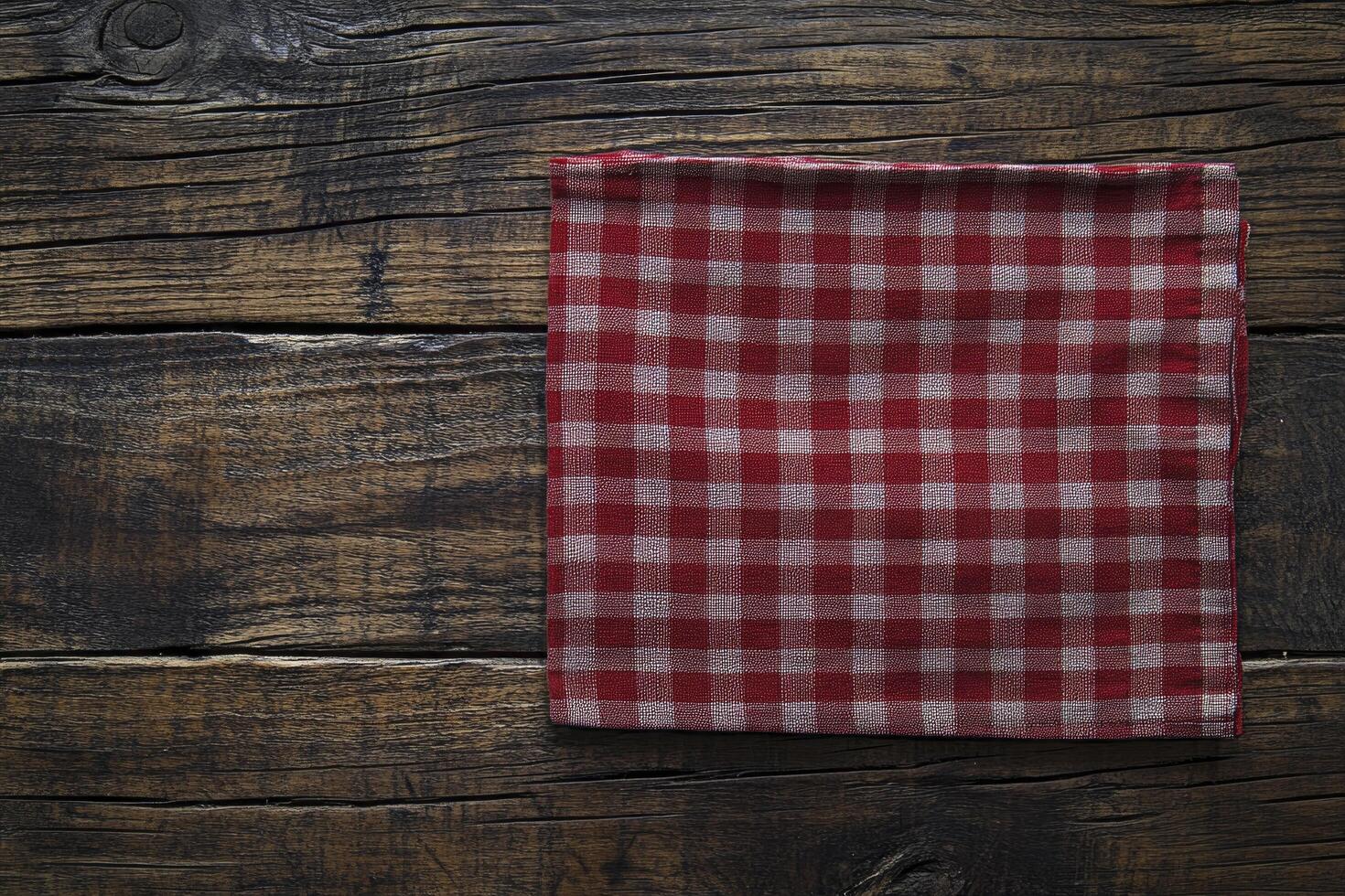 A red and white checkered napkin on a wooden table photo