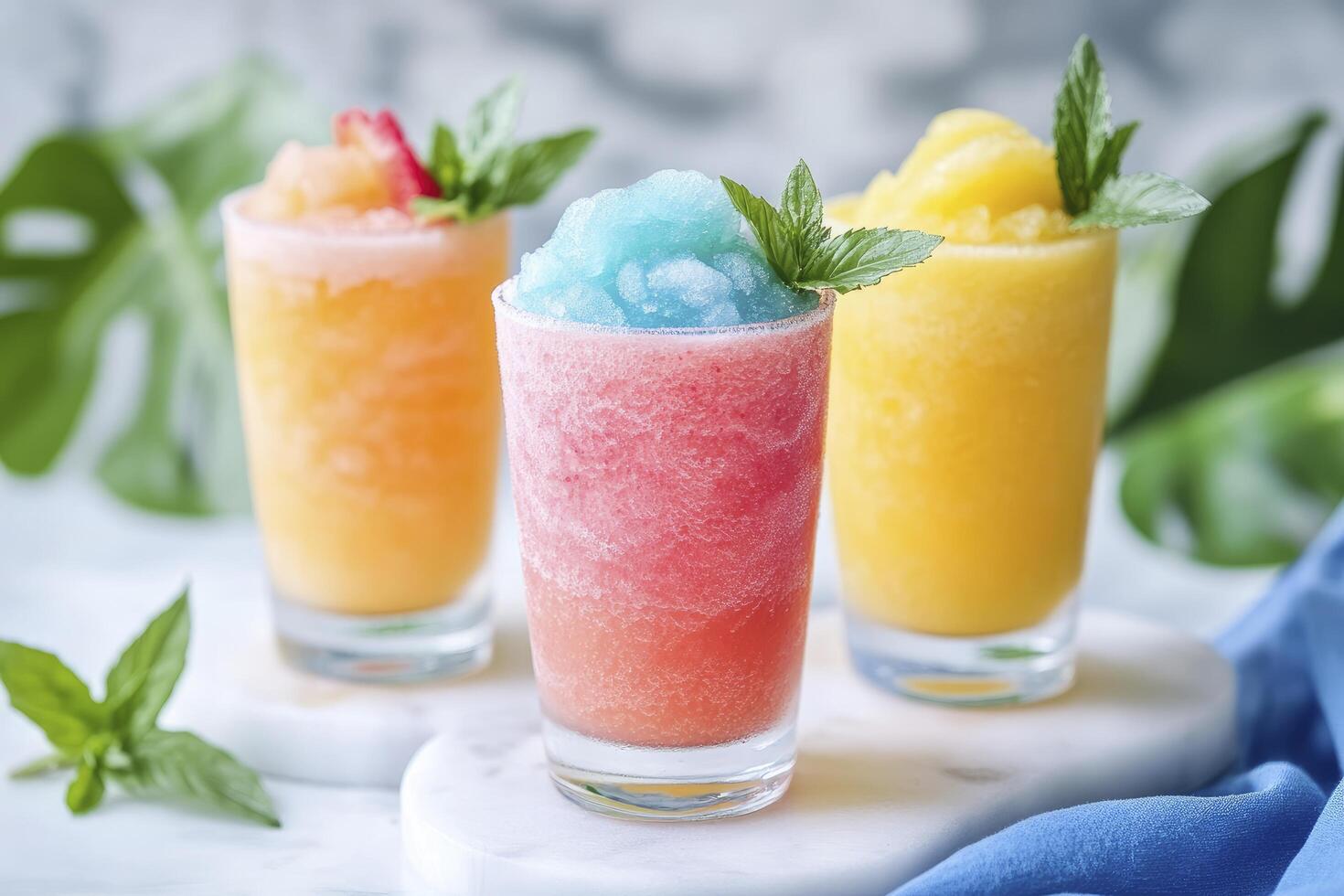 Three different colored drinks in glasses with mint leaves photo