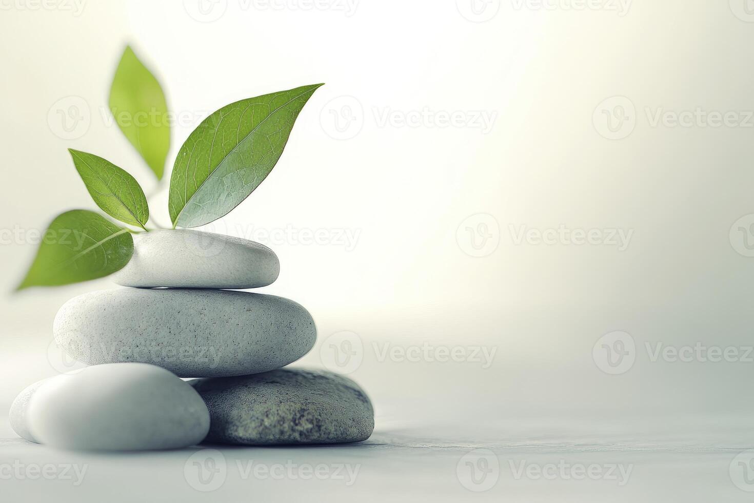 A stack of stones with a green plant on top photo