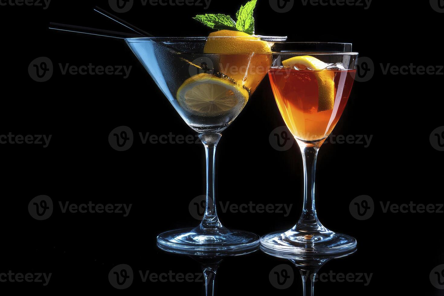 Two glasses with drinks and lemon slices photo