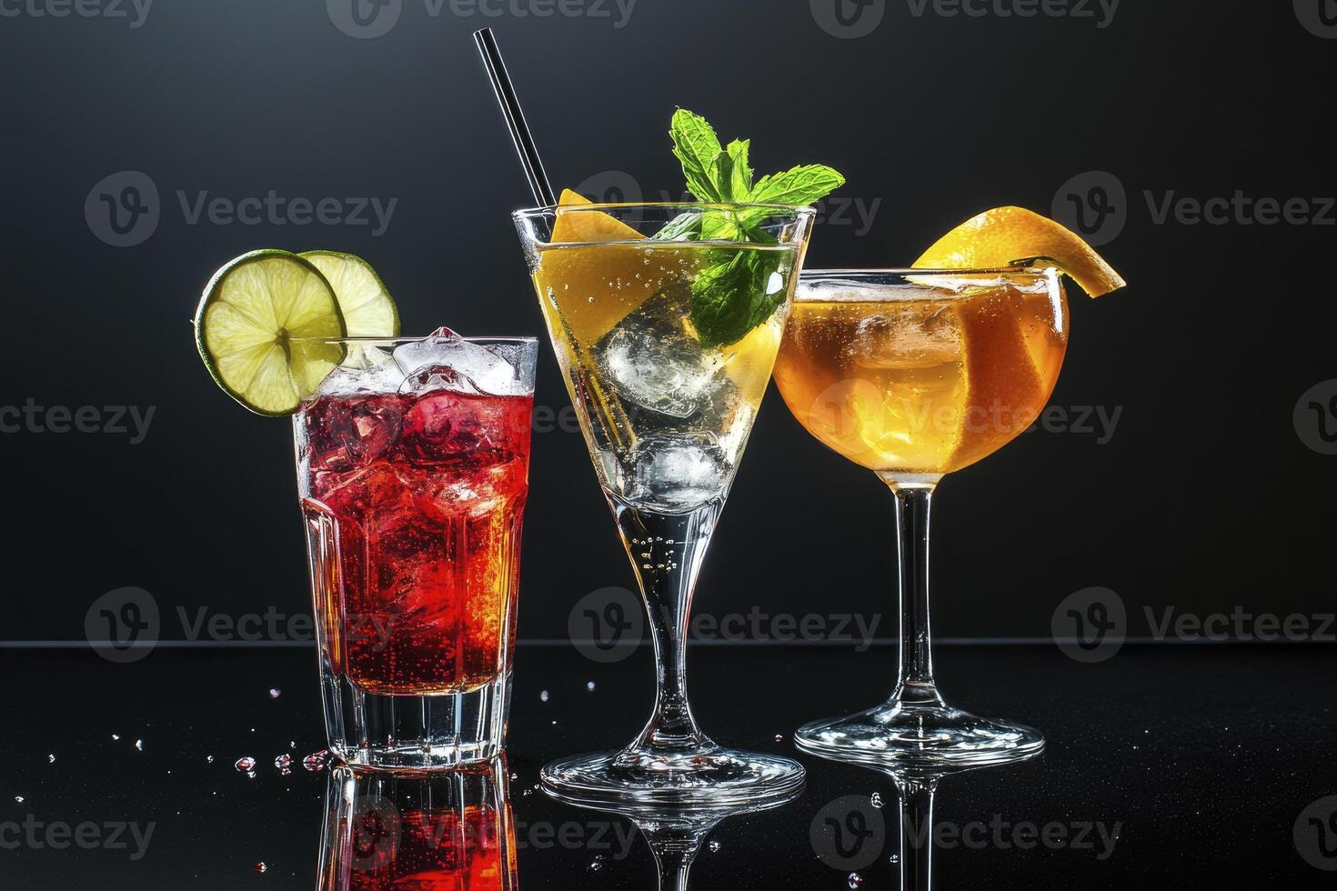 Three different types of alcoholic drinks on a black background photo
