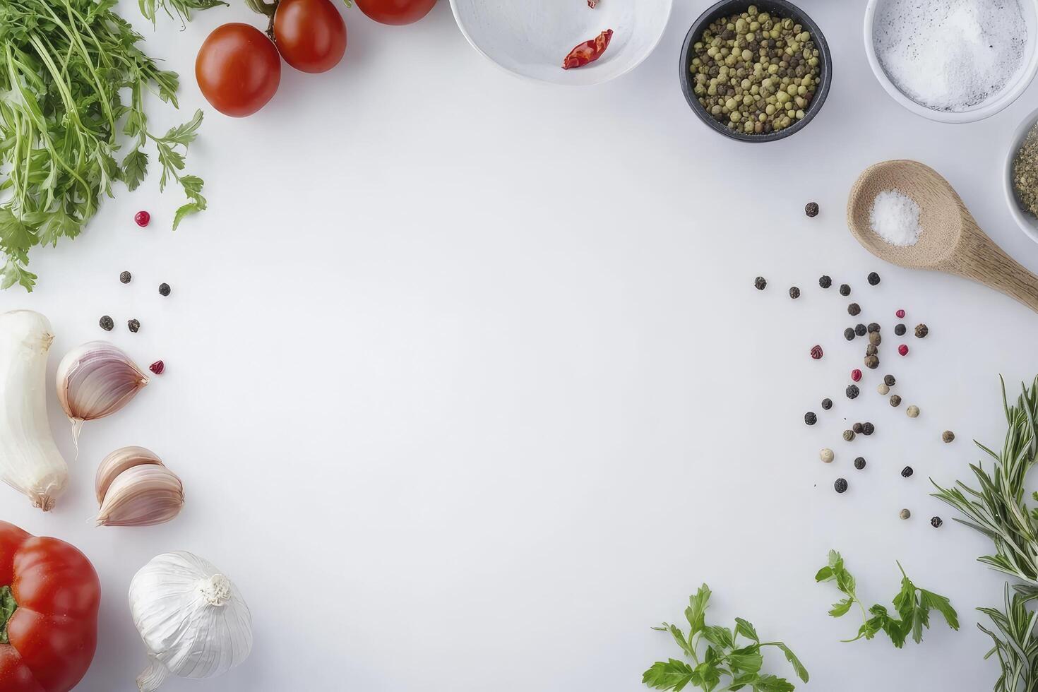 Fresh vegetables and herbs on white background photo