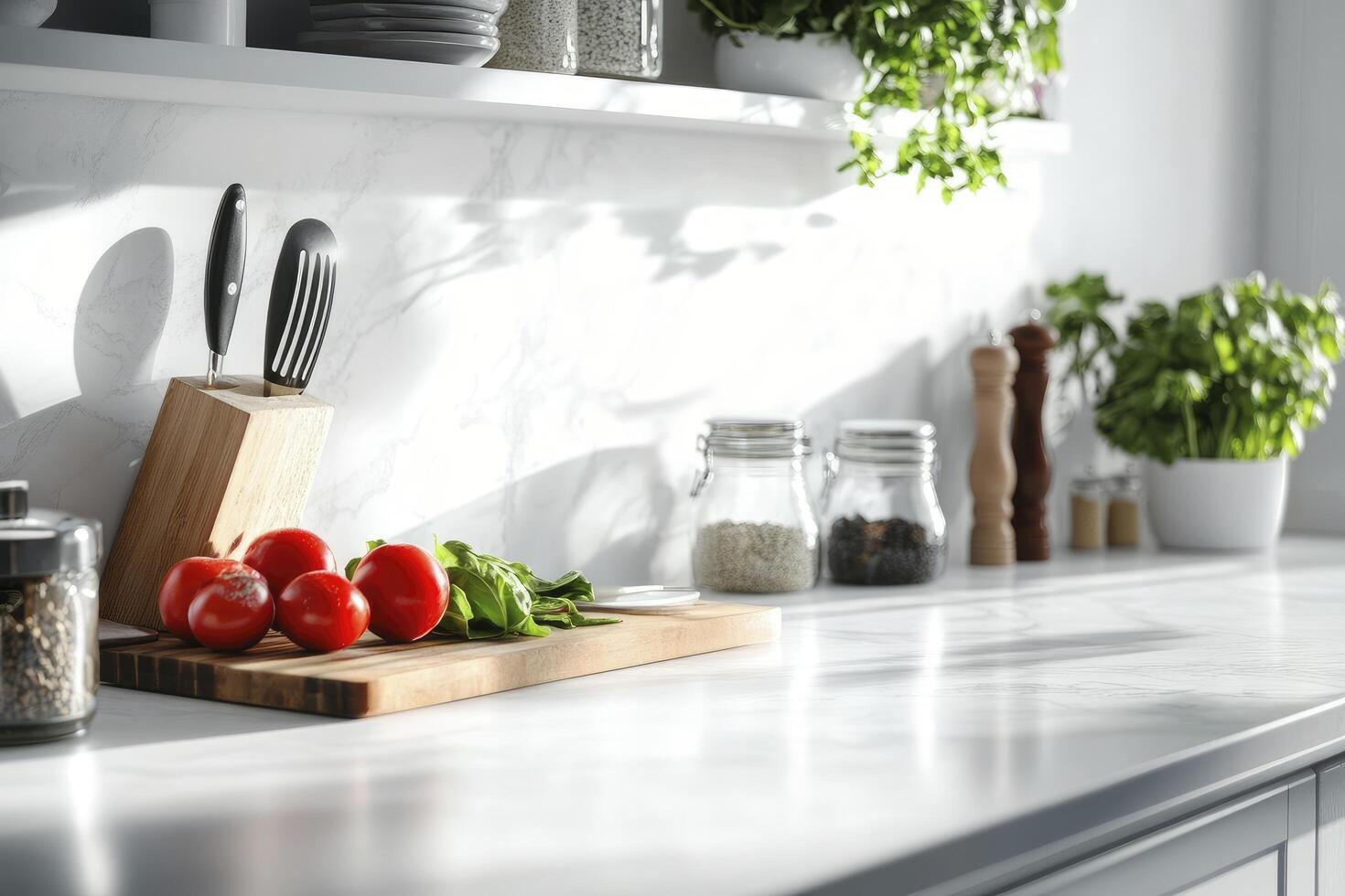 A kitchen counter with a knife, tomatoes and other vegetables photo