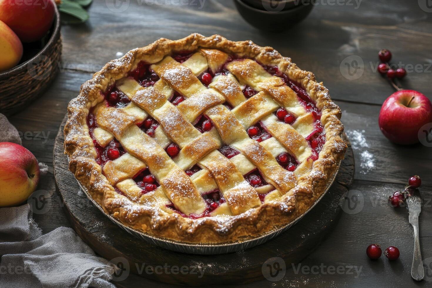 A cranberry pie with lattice on a wooden table photo