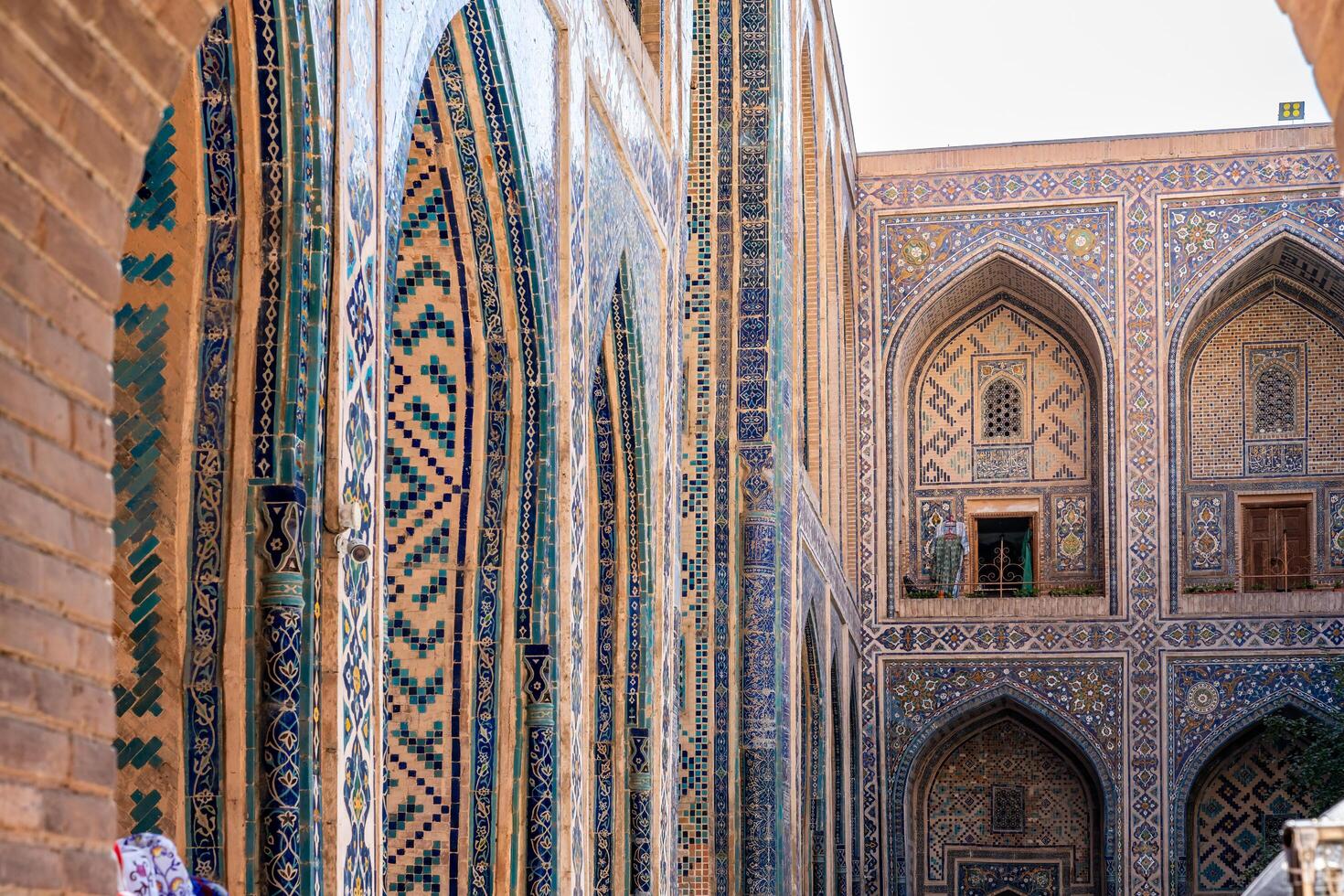 Samarkand, Uzbekistan-august 12, 2023-Particular of the Registan square occupied by a large complex made up of 3 madrasas photo