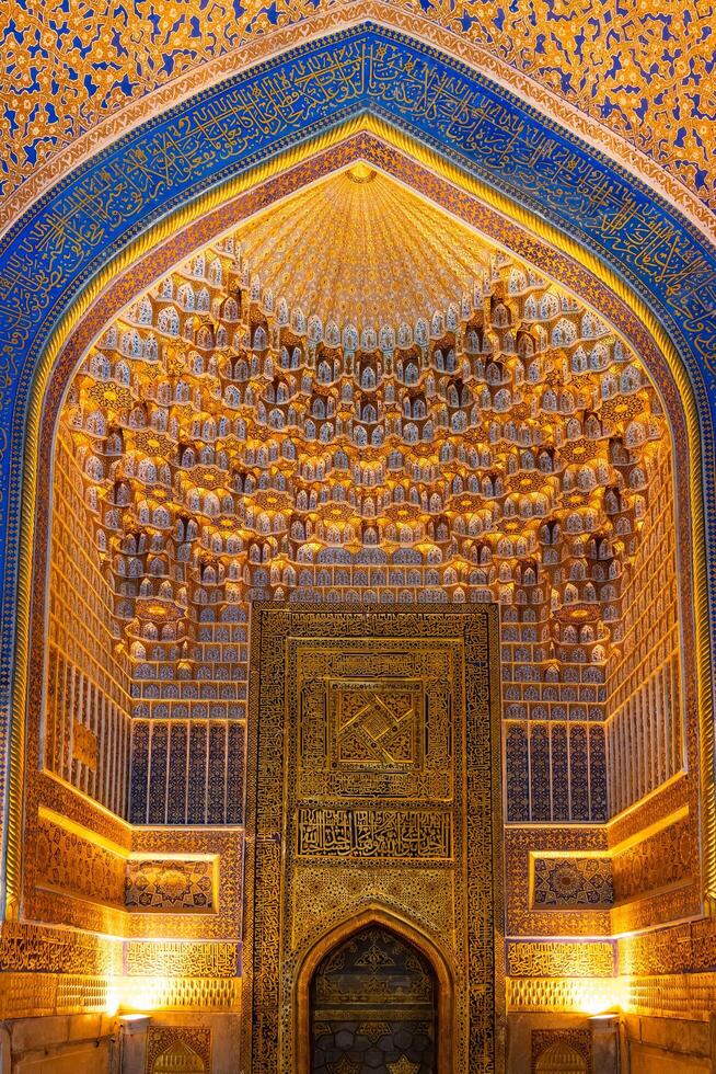 Samarkand, Uzbekistan-august 12, 2023-Interior of the Tilla-Kari Mosque in the Registan Square in Sammarkand during summer day photo