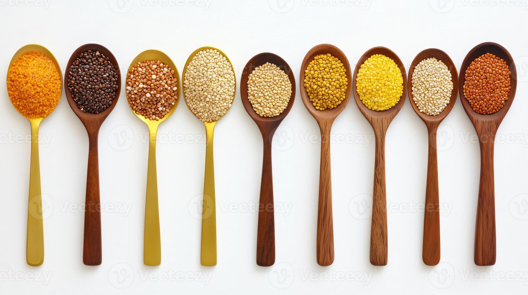 Spoons containing an assortment of grains forming a line photo