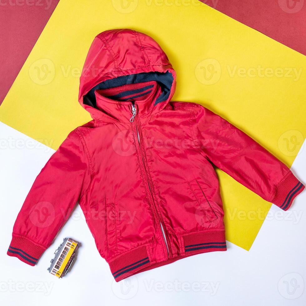Red hood jacket mock up isolated top view photo
