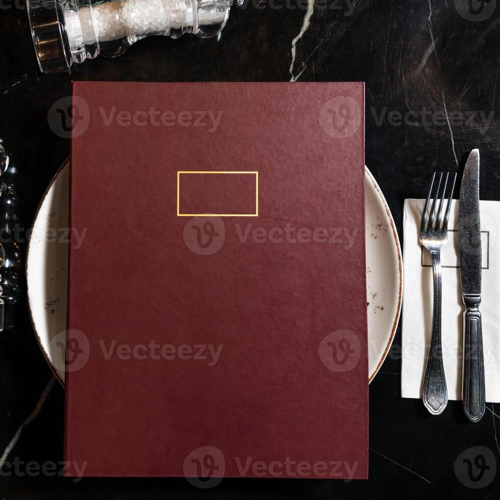 Luxury restaurant menu book top view photo