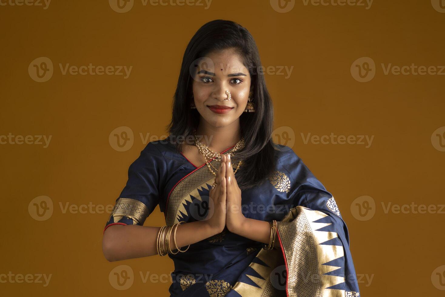 Portrait of a beautiful Indian girl in a greeting pose to Namaste hands. India woman in traditional saree. photo