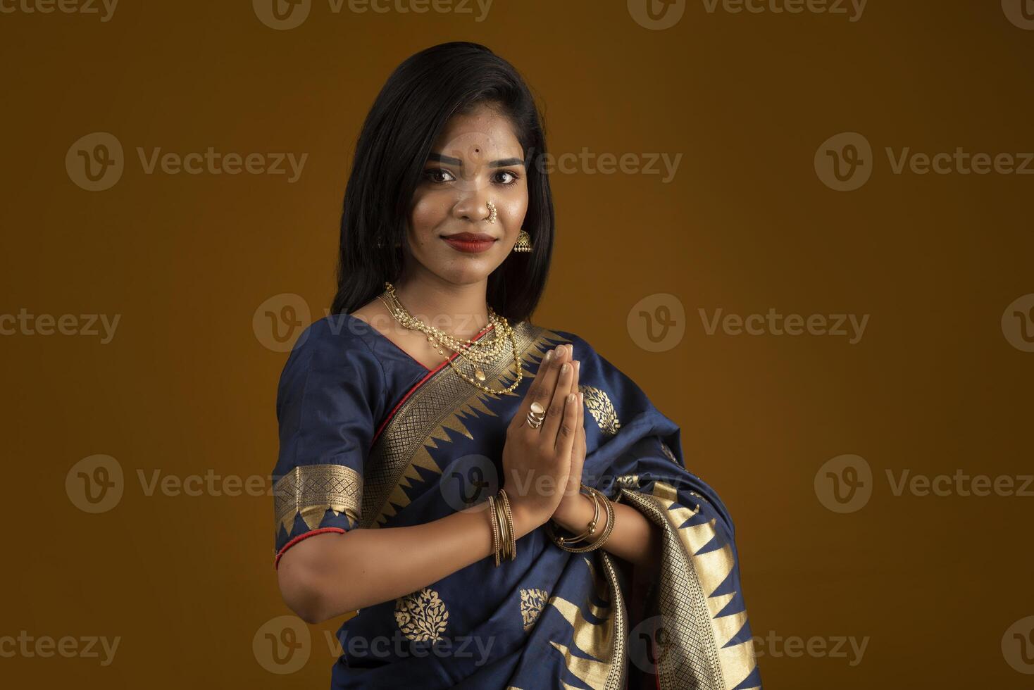 Portrait of a beautiful Indian girl in a greeting pose to Namaste hands. India woman in traditional saree. photo