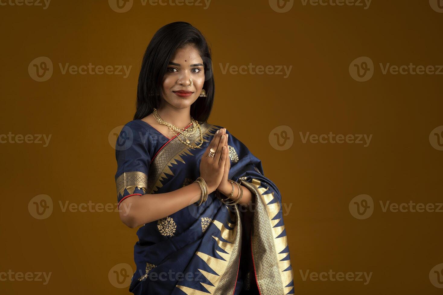 Portrait of a beautiful Indian girl in a greeting pose to Namaste hands. India woman in traditional saree. photo