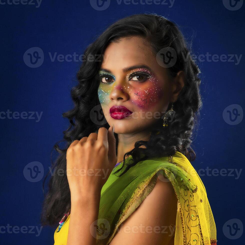 A gorgeous Young model beautiful woman or girl with perfect art creative makeup like a butterfly. photo