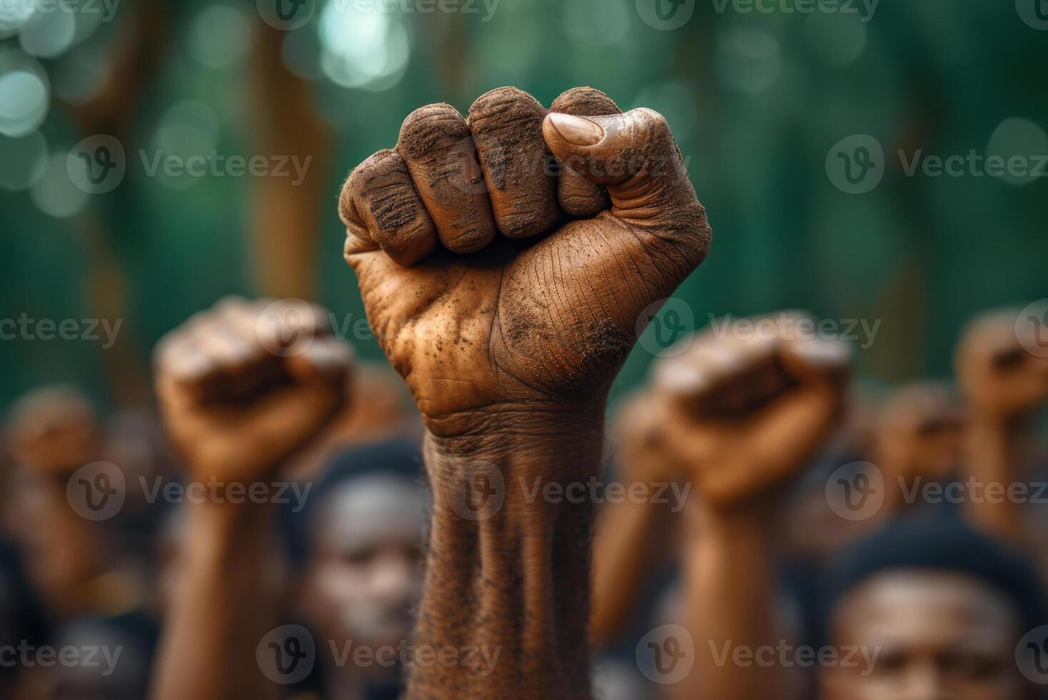 Raised fist of an African-American black man in front of a crowd. Unity, solidarity, protest. Concept of black history month photo