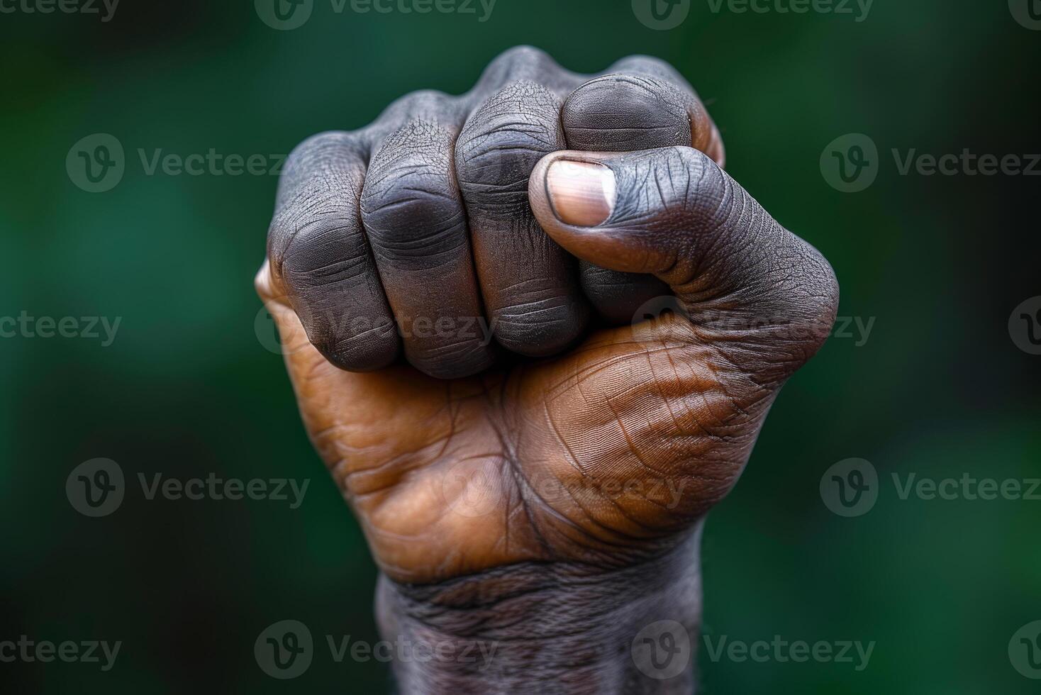 Raised fist of an African American black man in the background. Unity, solidarity, protest. Concept of black history month photo