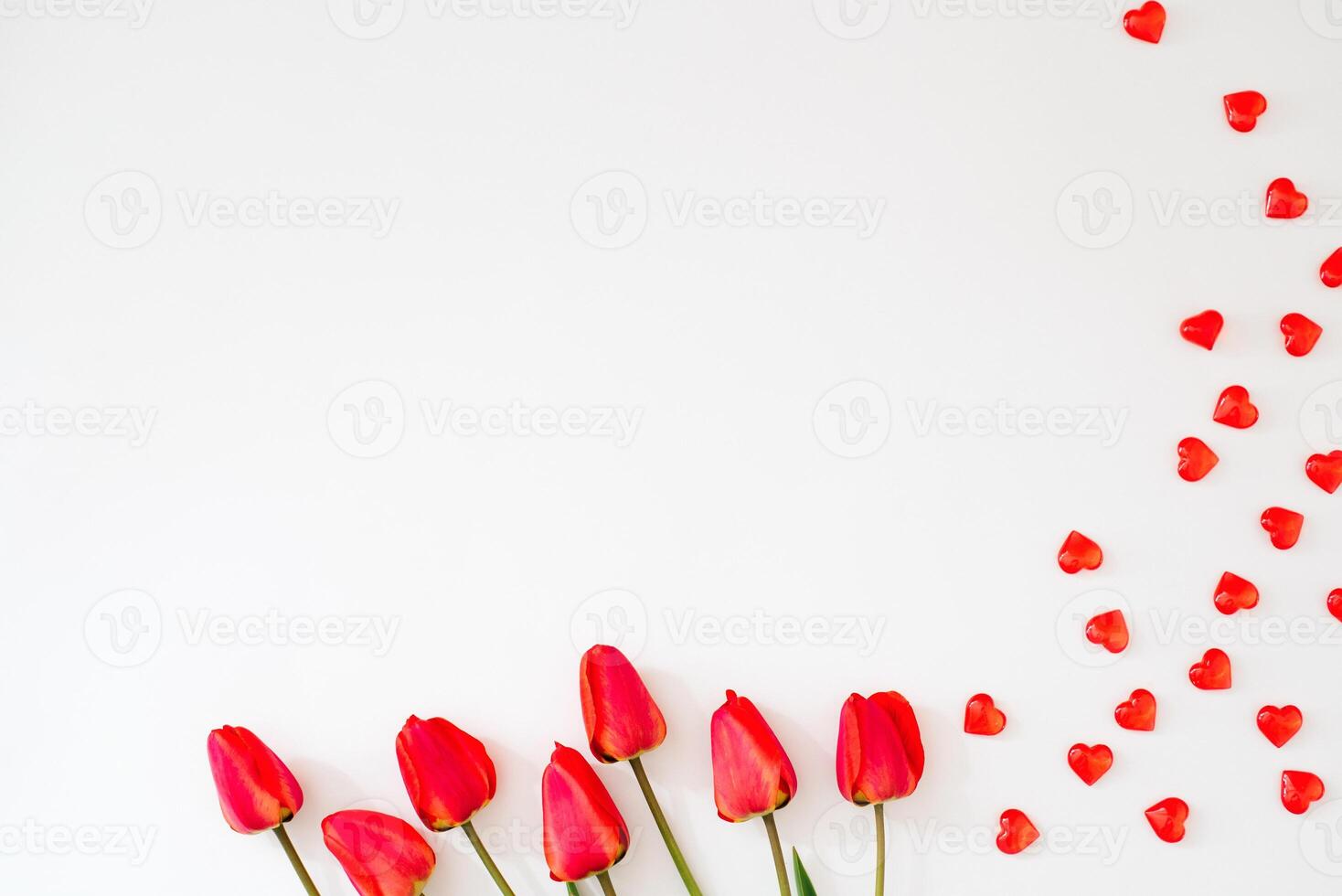 Valentine's Day frame made of a bouquet of red tulips, hearts on a white background with a copy space photo