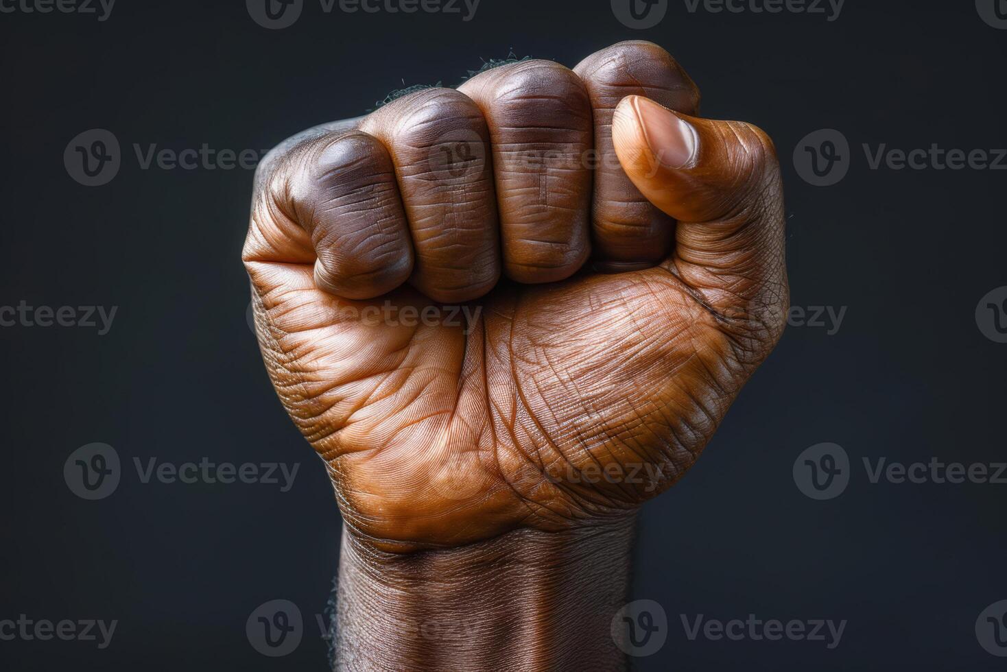Raised fist of an African American black man in the background. Unity, solidarity, protest. Concept of black history month photo
