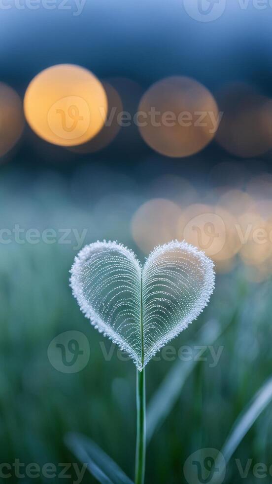 Delicate heart shaped grass with morning dew on a blurred background with bokeh lights. Natural and romantic vertical design element photo