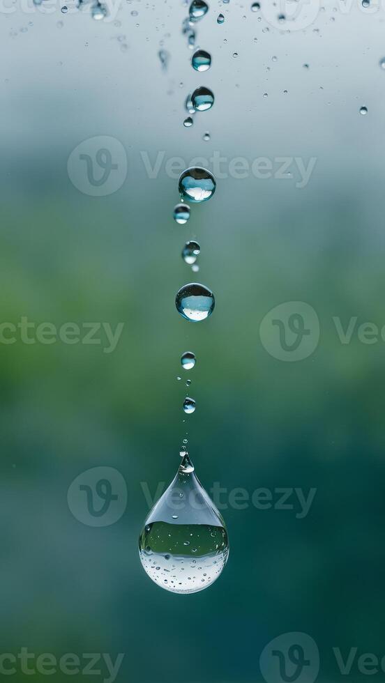 Close-up of water droplets falling in a vertical line on a blurred green background. Minimalistic nature concept with soft focus photo