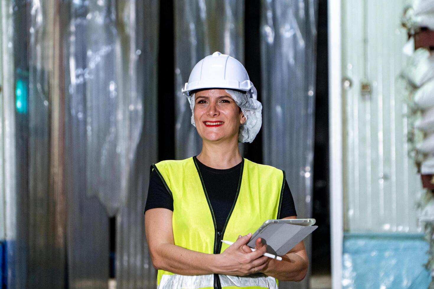 Female industrial engineer wearing a white helmet while standing in a heavy industrial factory photo