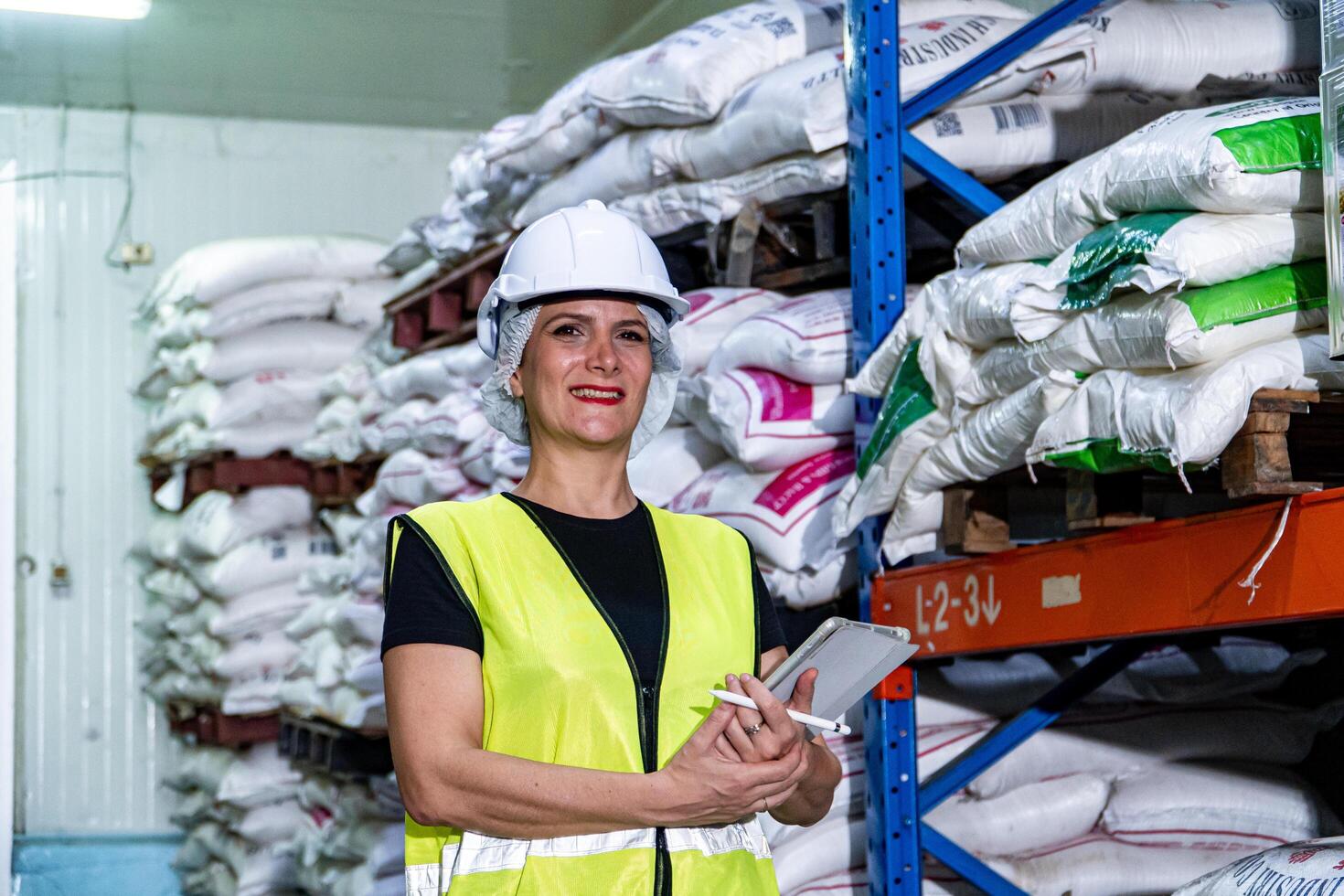 Female industrial engineer wearing a white helmet while standing in a heavy industrial factory photo