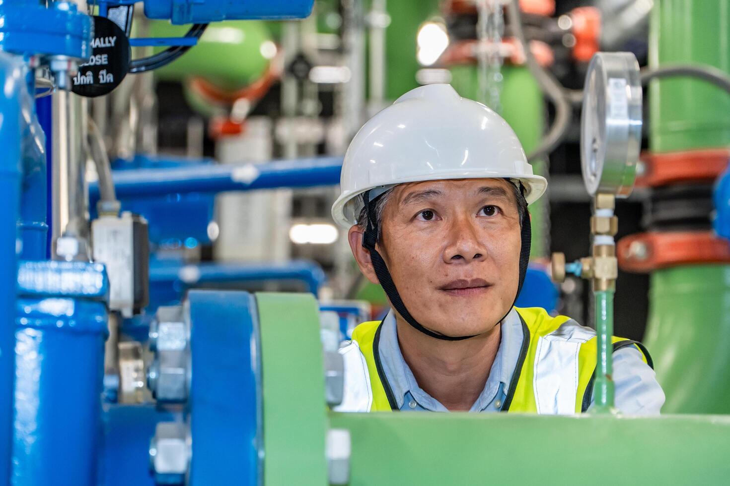 asian man factory technologist. Industrial worker. Chemical plant specialist. photo