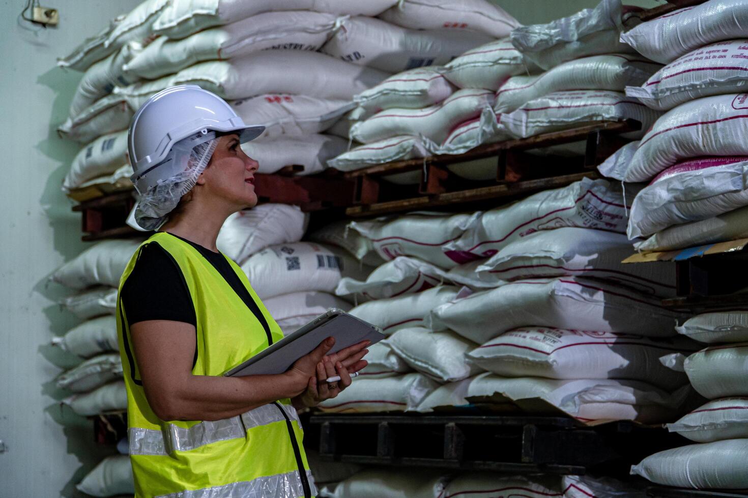 Female industrial engineer wearing a white helmet while standing in a heavy industrial factory photo
